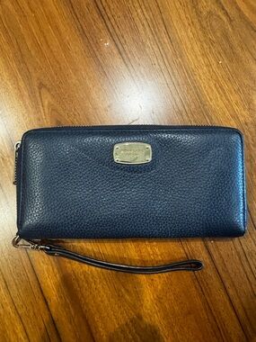 Michael Kors Navy Pebbled Leather Zip-Around Wristlet with Gold Plate
